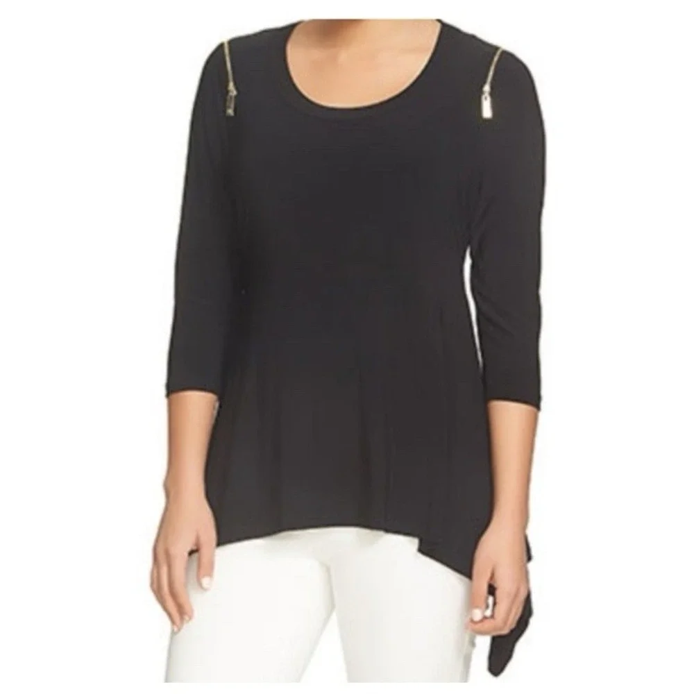 CHAUS NY BLACK ZIPPERED SHOULDERS TUNIC BLOUSE‎ SZ XL CAREER ACADEMIA